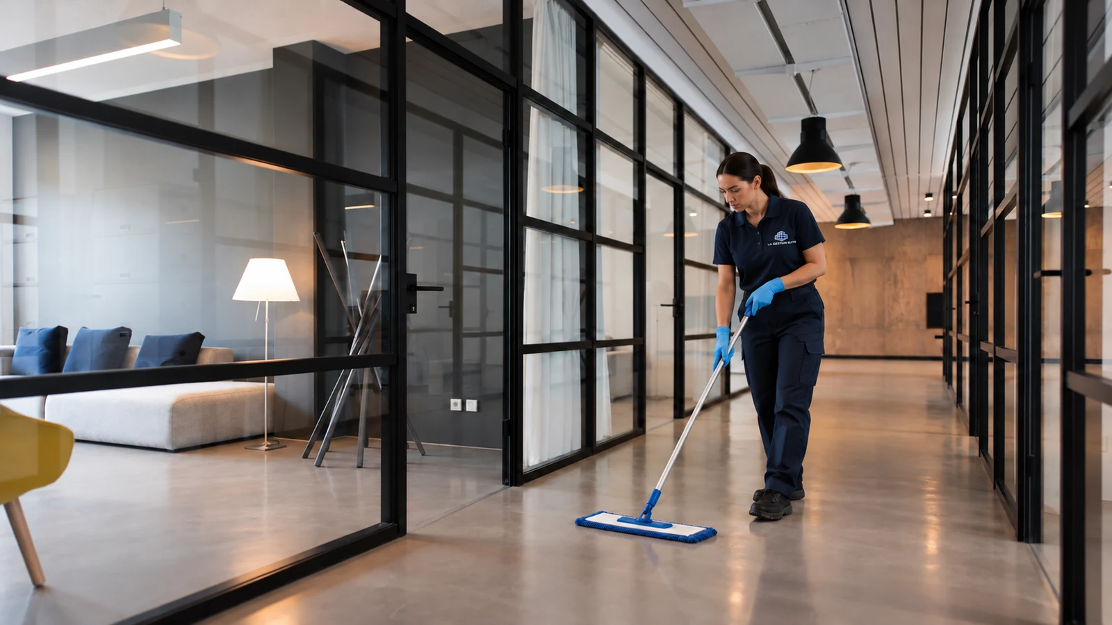 Scène illustrant l’entretien du plancher de bureaux par une personne en uniforme La Gestion Élite