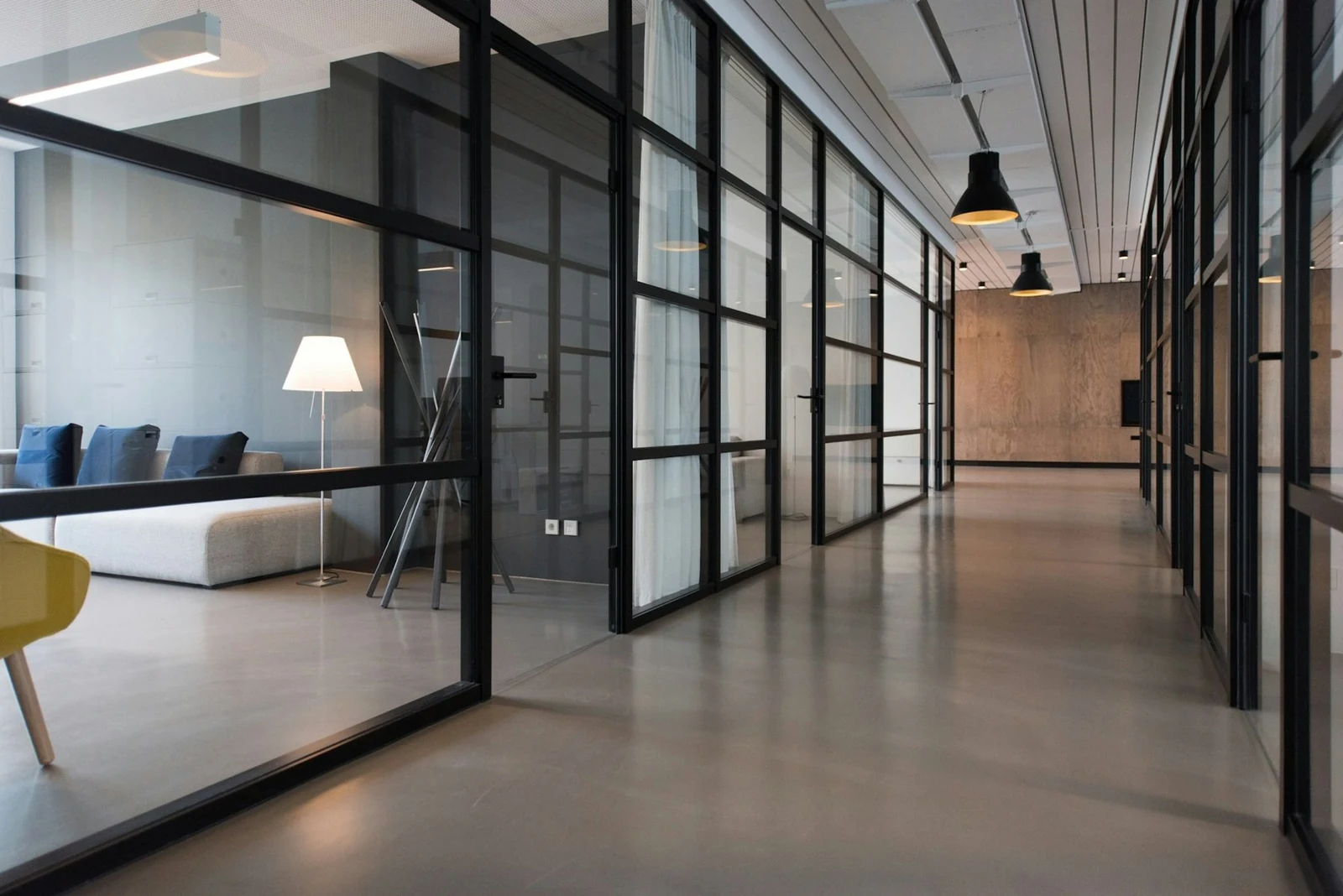Office corridor and glass partitions